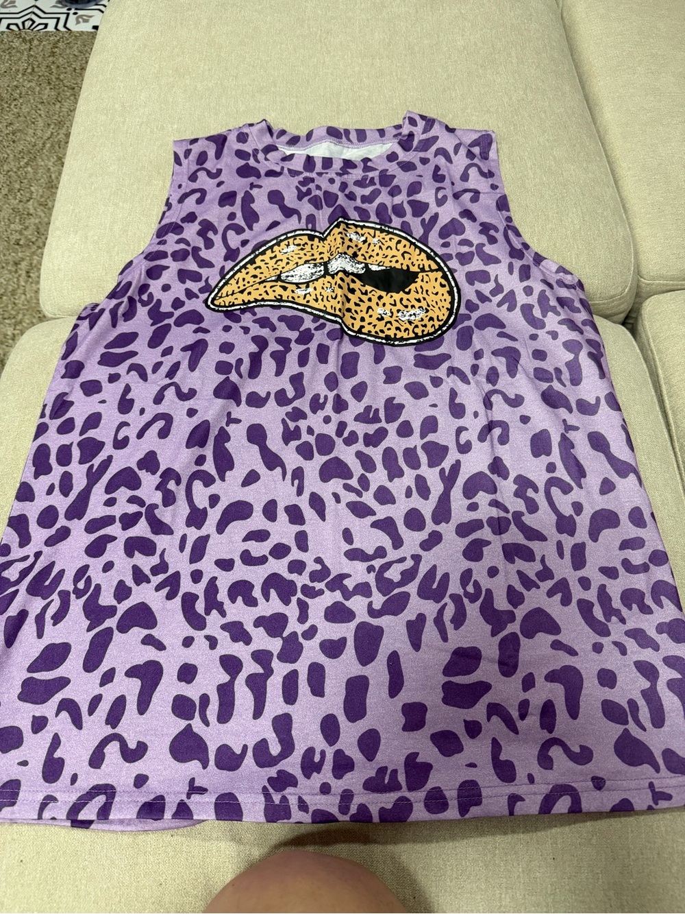 Women’s Purple Leopard Print Tank Top with Yellow Lip Patch